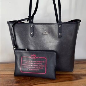 Coach Dark Blue + REVERSIBLE Pink Flower Leather Tote